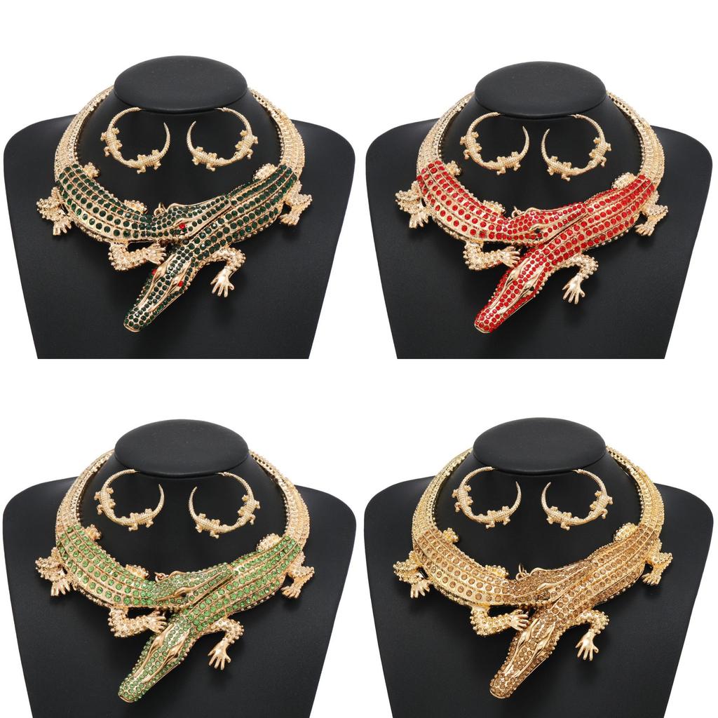 Rhinestone Creative Decoration Crocodile Design Women Necklace And Set Earring