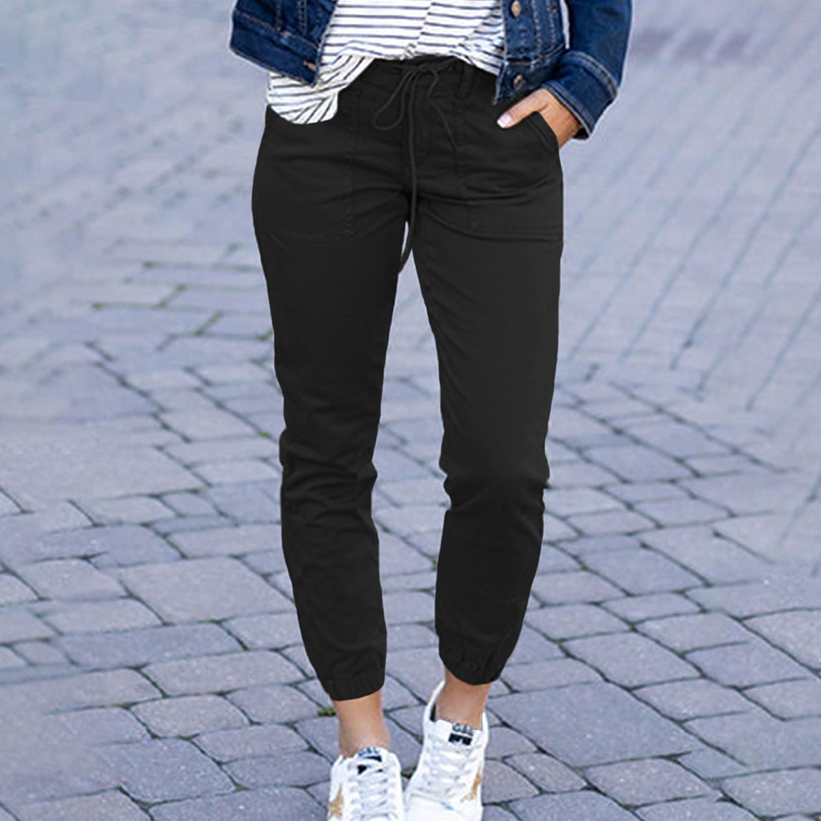 

Модные женские летние тонкие карманные укороченные однотонные кружевные повседневные брюки M чёрный