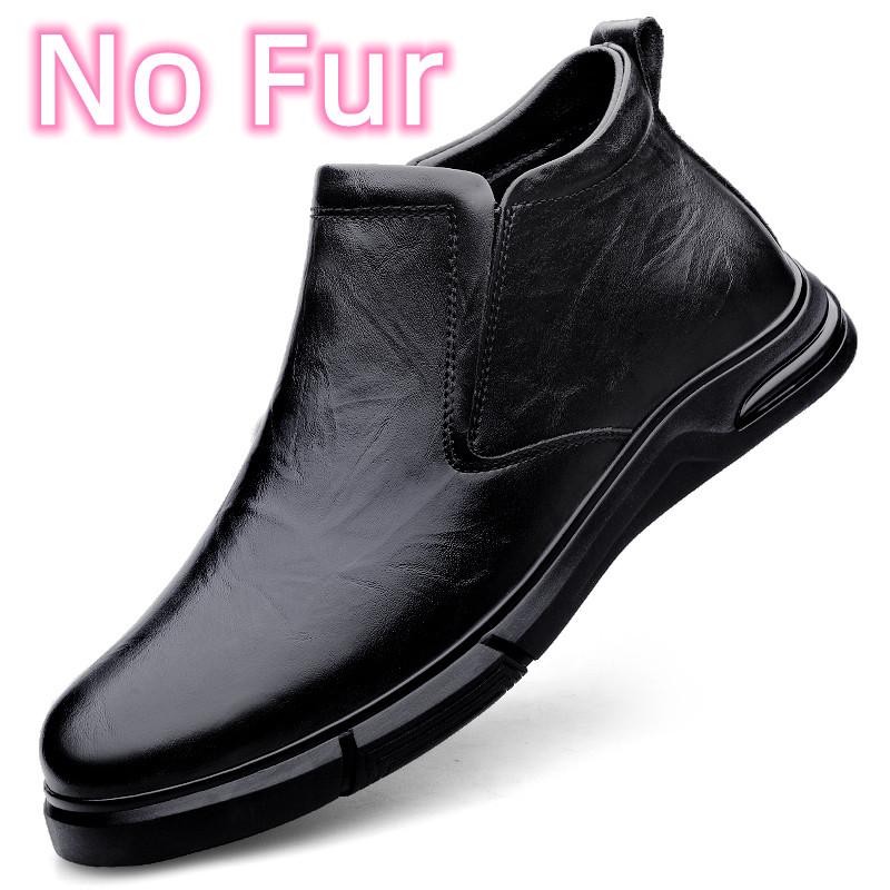 Fashion Genuine Leather Men Casual High Top Shoes Male Comfortable Motorcycle Boots Men Winter Plush Snow Boots Side Zipper Men Sneakers