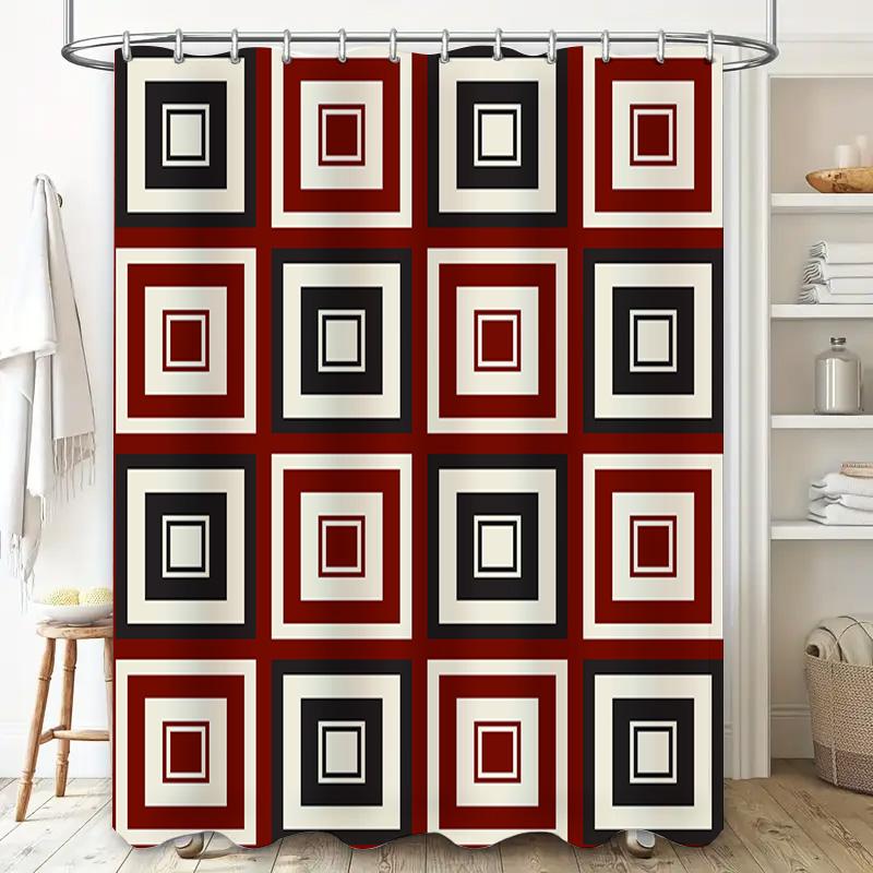 Modern Bath Shower Curtain Decorative Printed Plaid Striped Waterproof Polyester Bathrooms Decor Set with Hooks Red Black (180 X