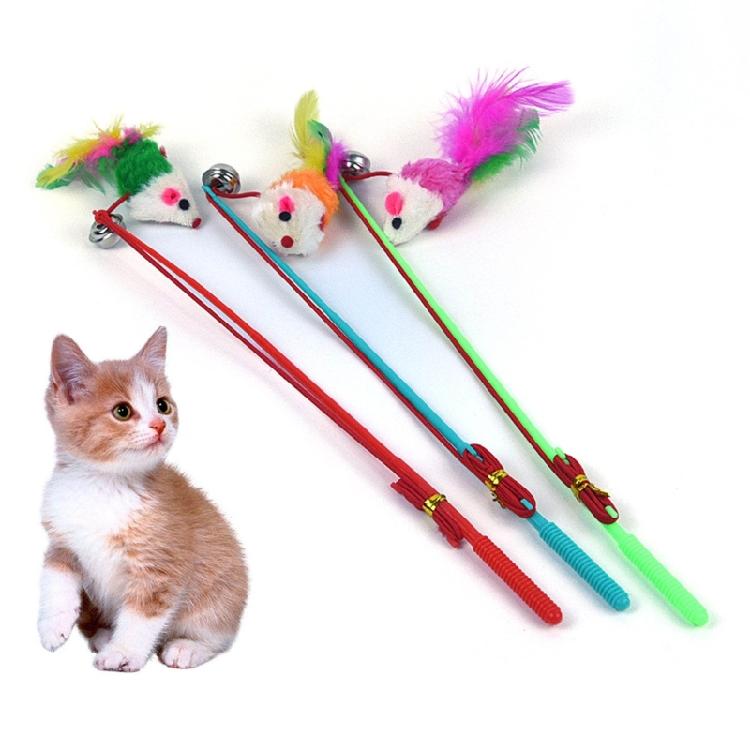 3Pcs Fake Mouse Feather Wand Chases Exercise Cat Teaser Stick Interactive Toy
