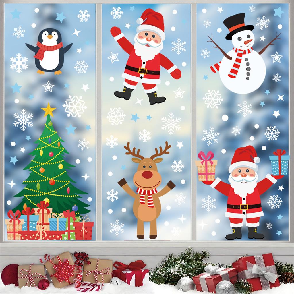 Festive Christmas Tree Window Clings 8 Sheets Adorable Santa Claus Snowflake Pattern Window Stickers for Office Store Home