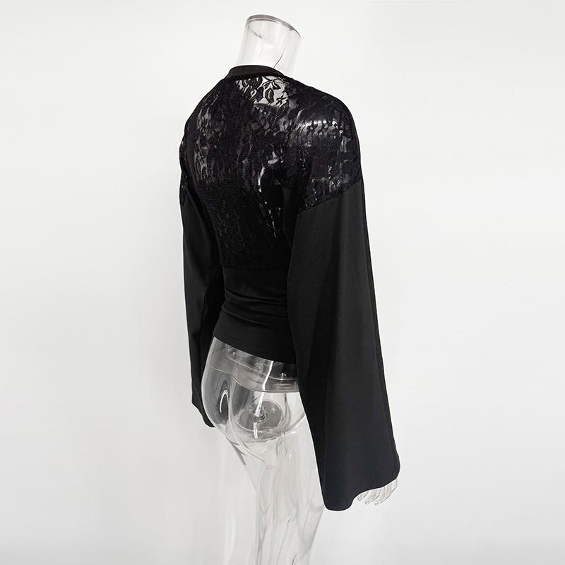 Black Lace T-Shirts Women Blouse 2026 Spring Slim Long Sleeve T Shirts Street Casual Party Elegant Fashion Lace Shirt Tees Top