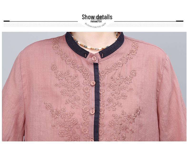 Summer 2025 Retro Embroidered Ramie Blouse: Women's Chic Color Block Age-Reducing Shirt