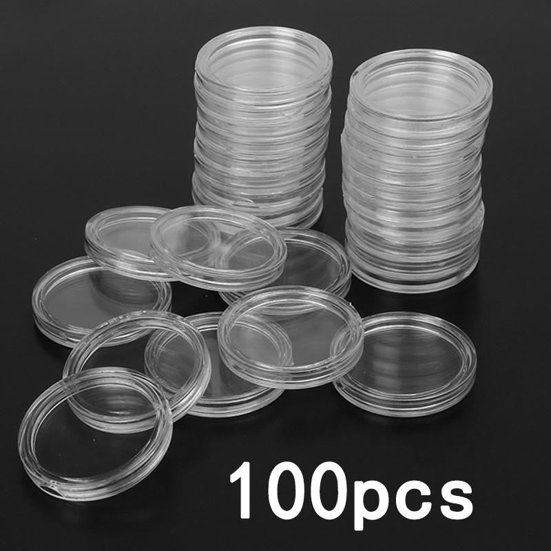 100Pcs 26*5mm Clear Round Plastic Coin Holder Containers Storage Boxes Case Home Accessories Storages Decoration Parts Tools