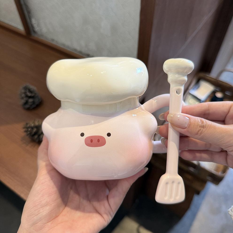 Chef Piggy Mug With Lid Spoon Bizarre Cup Ceramic Niche Drinking Cup For Girls' Birthday Gifts