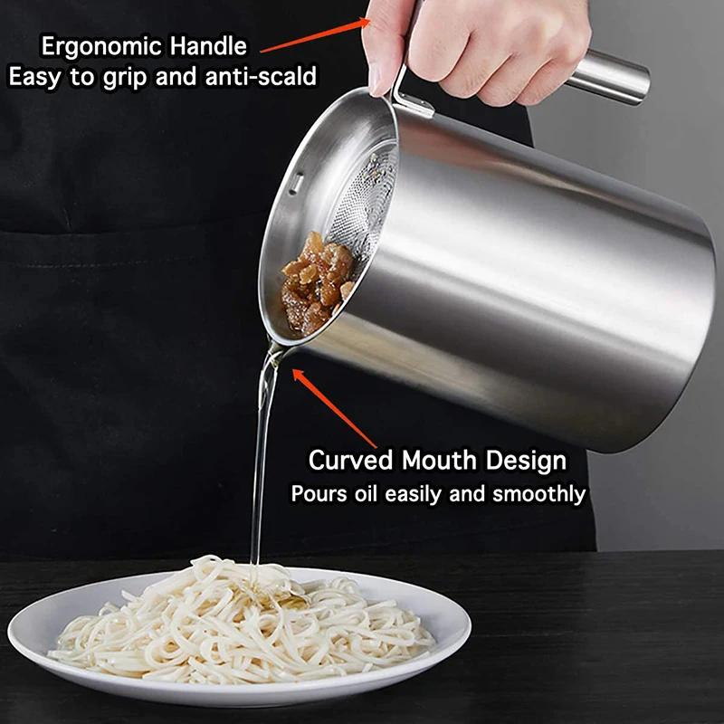 304 Stainless Steel Grease Strainer Container Large Oil Storage Pot Grease Keeper with Lid and Handle Kitchen Cooking & Frying