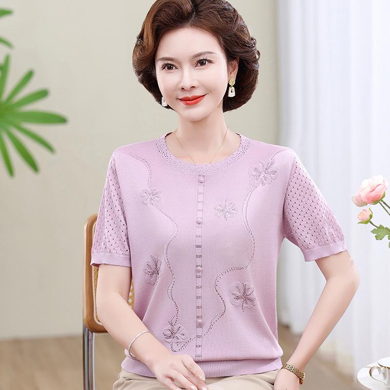 

Stylish Ice Silk Short-Sleeved Blouse for Middle-Aged and Elderly Women XL [52.5-60 kg]
