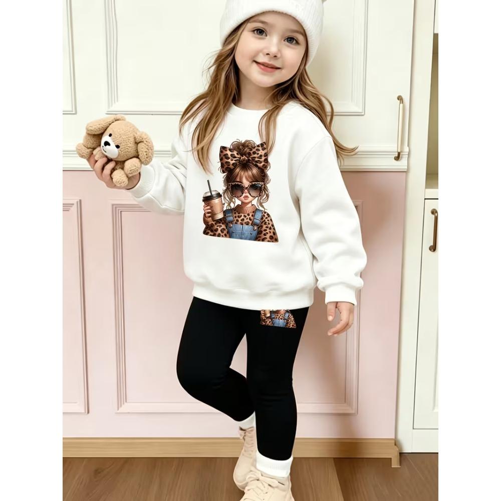 Girls' Cool Kid Graphic Casual Comfortable Soft Loose Pullover Sweatshirt and Leggings 2-Piece Set, New Autumn/Winter, Playful, Sweet and Cool Style