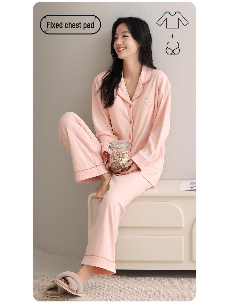 Women's Cotton Cardigan Two-Piece Set with Chest Pads: Sweet & Casual Long Sleeve Home Wear for Spring & Autumn