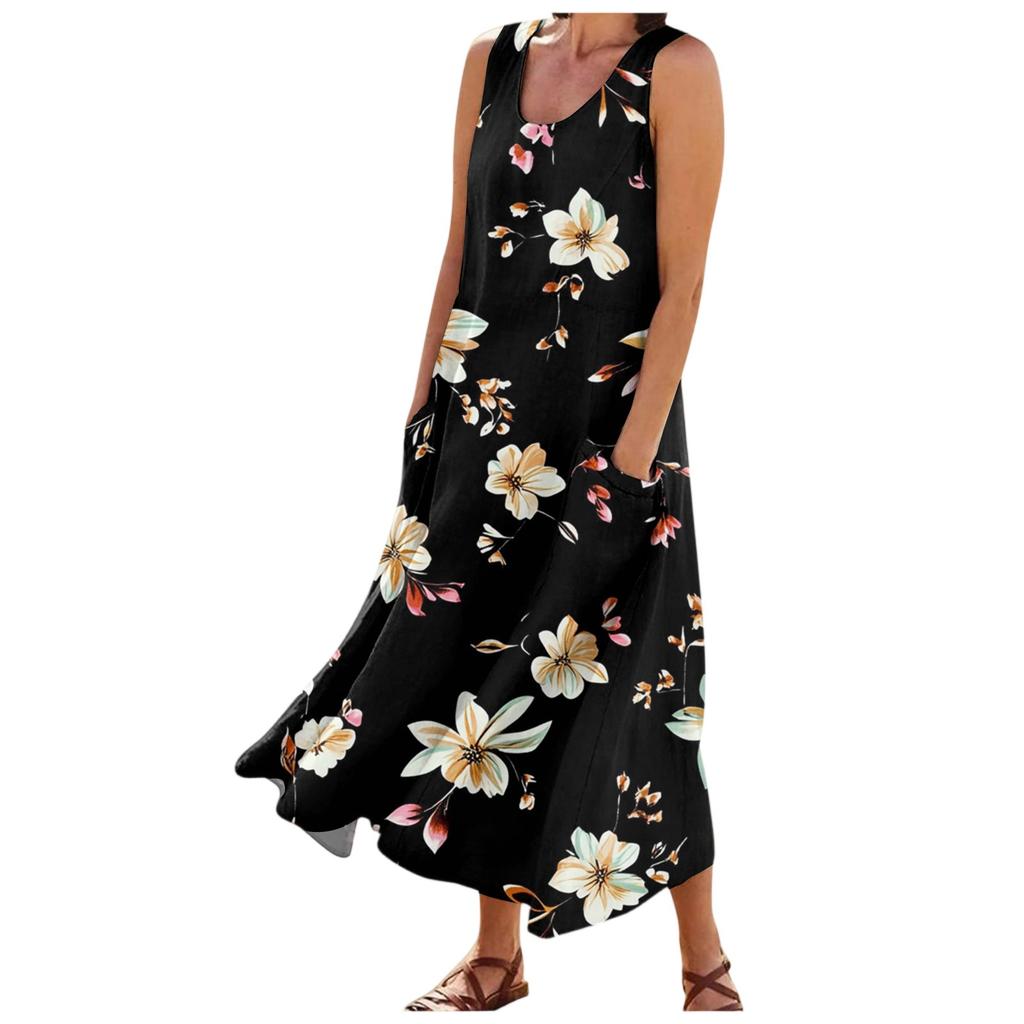Women's Fashion Summer Casual Sleeveless Floral Printed Small Pocket Dresses