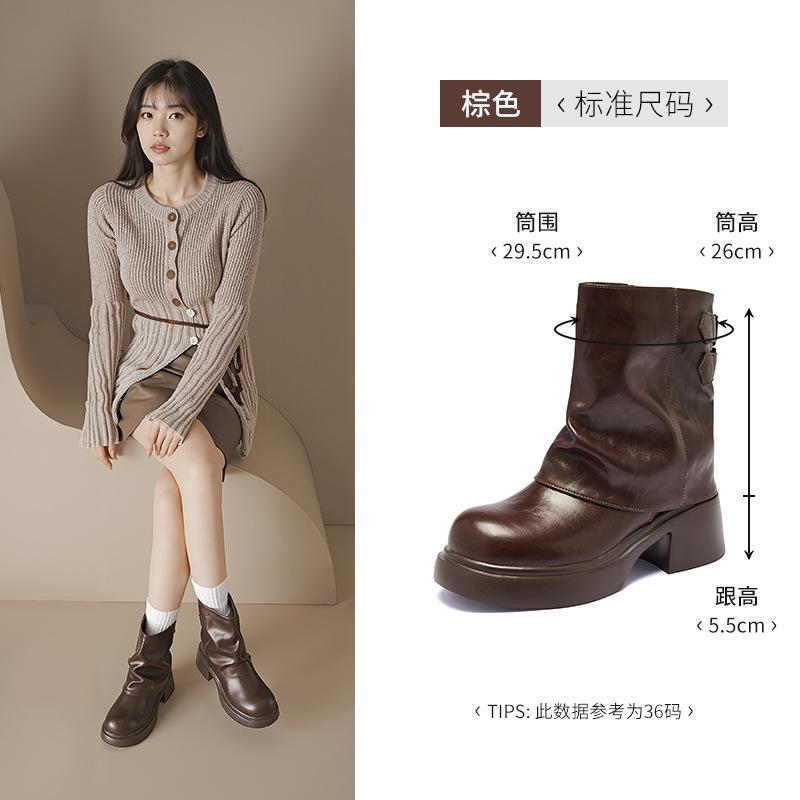 Augustine Black Martin Boots Women's 2025 New Autumn Medium Boots Martin Boots Thick-soled Western Cowboy Boots