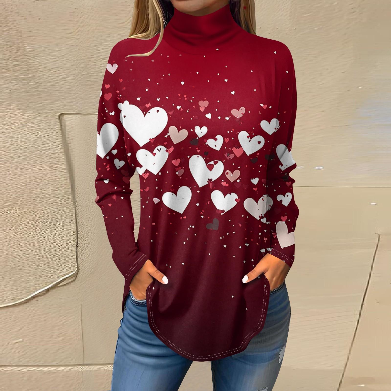 

Футболки для женщин, осенние повседневные рубашки с длинным рукавом, толстовка с принтом, топ с высоким воротом, пуловер XL винный