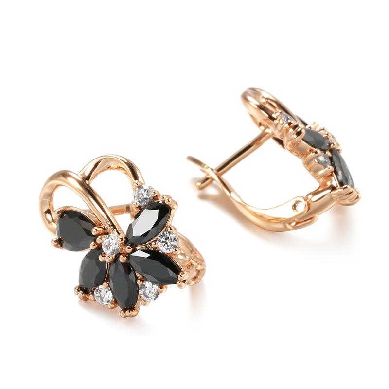 Black Zircon Flower Earrings: Korean 585 Rose Gold Ear Clips, Trendy Cold Style for Women