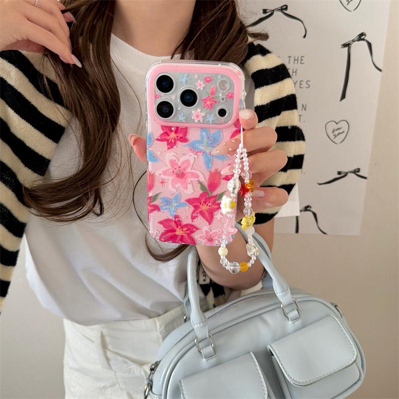 Kawaii Pink Blue Lily Floral Glitter Phone Case With Colorful Beaded Wrist Strap For iPhone 14 15 16 17 Pro Max INS Sweet Style