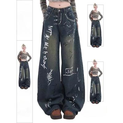 Jeans de Pierna Ancha con Diseño de Graffiti Retro Antiguo Americano Moda Mujer Primavera Cintura Alta Sueltos Adelgazantes Pantalones de Suelo