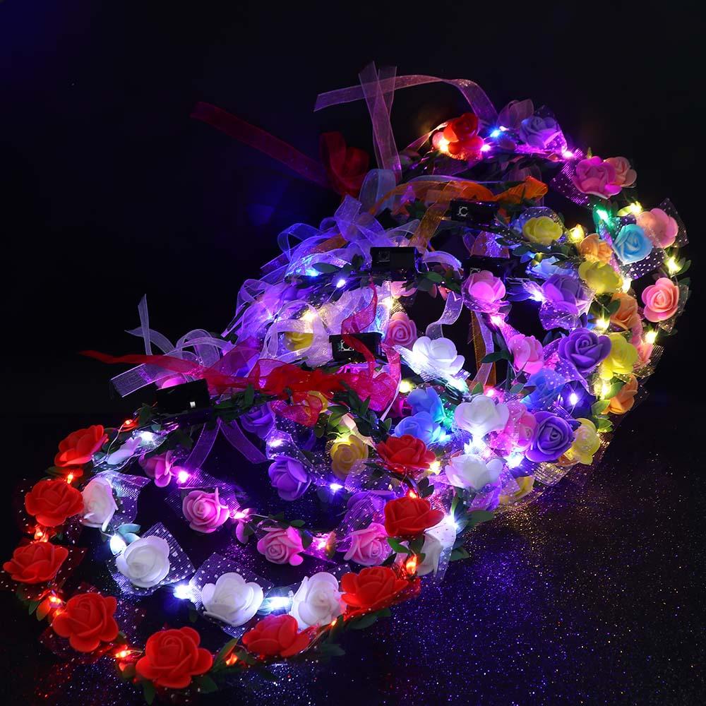 Wedding Foam Rose Flower Wreath Decoration Crown Flower Headband LED Light Garland Women Headwear