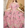 Women's Floral Print Maxi Round Neck Short Sleeve High Waist Pleated Linen Blend Casual Dress