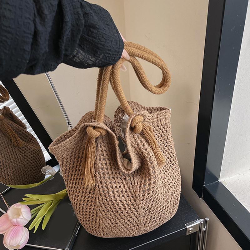 Portable Bohemian Knitted Shoulder Bag Hollowed Out Solid Color Casual Woven Handbag Sweet Soft Crochet Tote Bag CLE