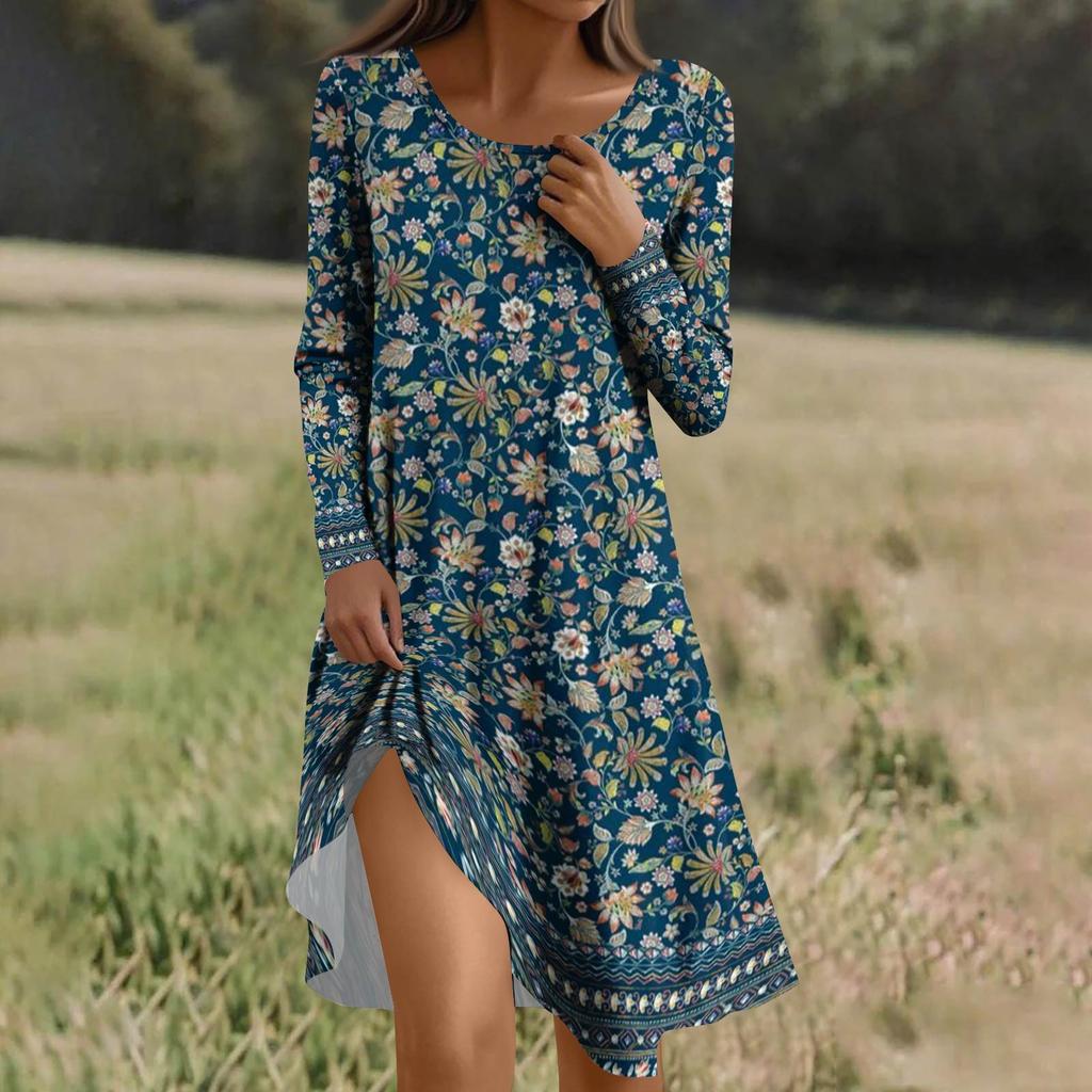 Long  Sleeve Dress For Women Casual Loose Fit Print Dress With Pockets