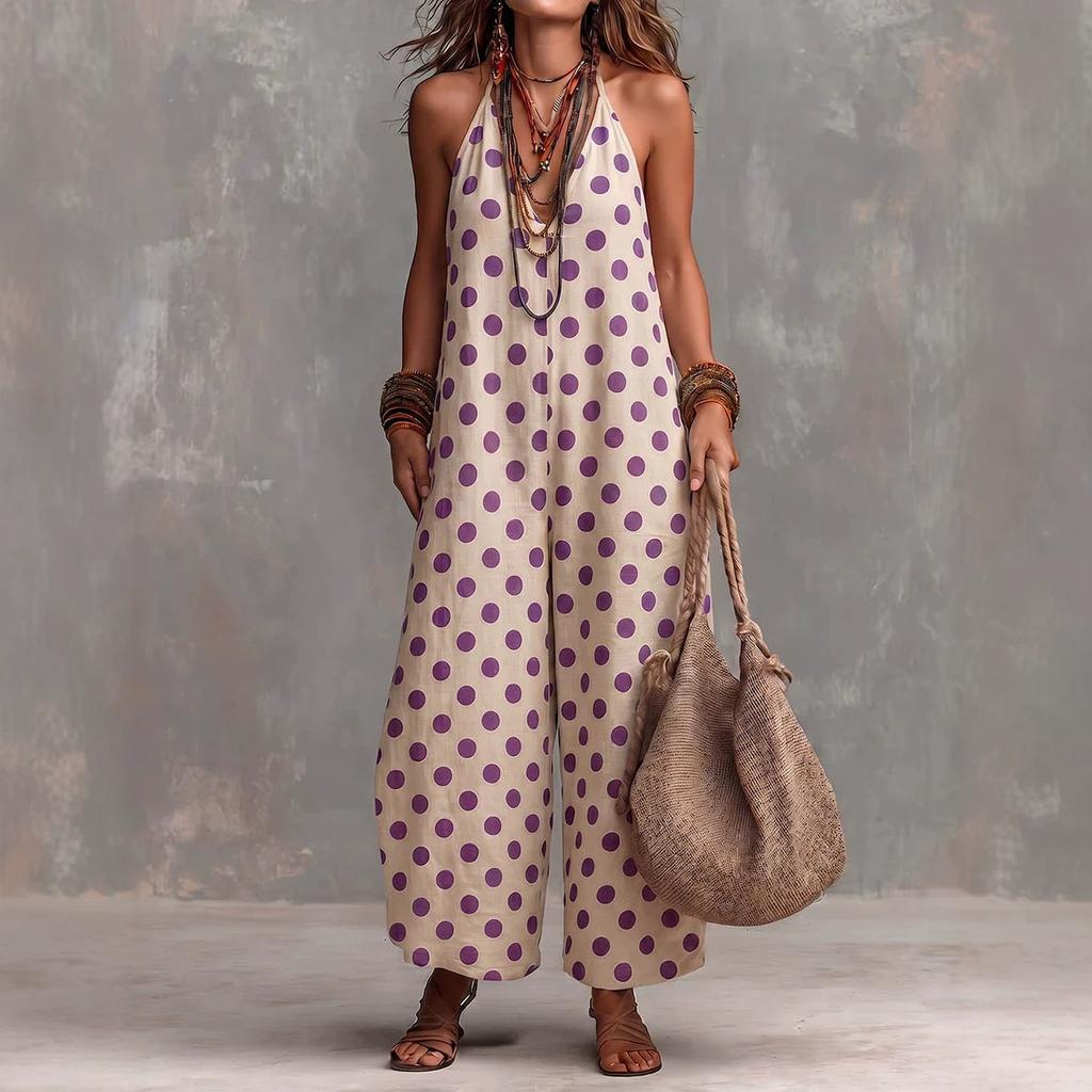 2026 European and American New Summer Cross-border Retro Polka Dot V-neck Loose Polka Dot Jumpsuit Sleeveless Straight Jumpsuit