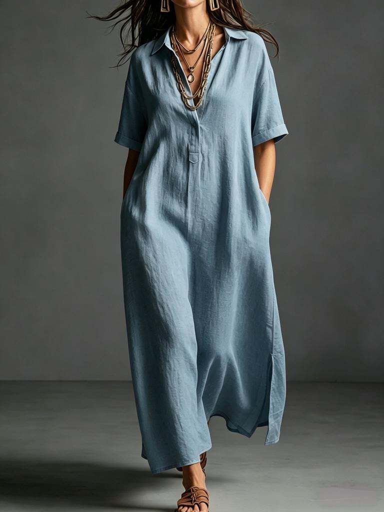 European and American women's clothing spring and summer new cotton and linen simple and elegant solid color short-sleeved lapel dress