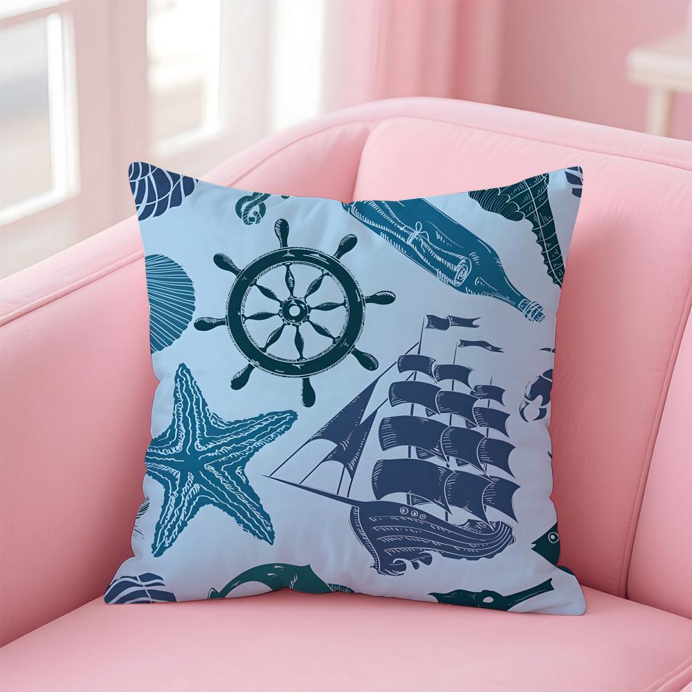 Casual Blue Maritimethemed Pattern Cushion Cover Pillowcase Short Plush Invisible Zipper Room Sofa Cushion Cover