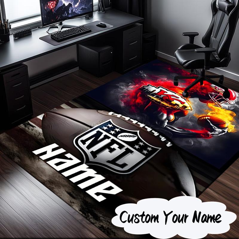 Custom Name Kansas Chiefs Helmet Rug for Living Room, Game Rooms, Office, Bedroom, Floor Mat Playful Design, fan gifts Christmas decor
