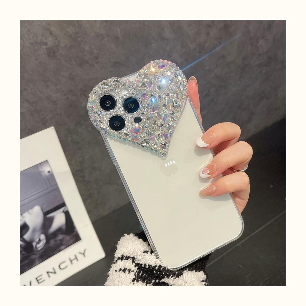 Suitable for IPhone16 Phone Case, Heart-shaped Water Diamond 15Promax, Apple 14 Protective Case, New Wristband 13 Creativity
