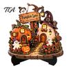 Autumn Seasonal Decorations Halloween Wooden Tabletop Sign, Pumpkin Black Cat Ghost Haunted House Decor Plaque Dining Table Ornaments with Stand,
