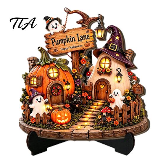 Autumn Seasonal Decorations Halloween Wooden Tabletop Sign, Pumpkin Black Cat Ghost Haunted House Decor Plaque Dining Table Ornaments with Stand,