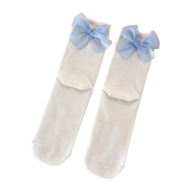

Fashion Elegant Cotton Ruffle Frilly Crew Socks for Women Cute Ribbon Bowknot Solid Color Middle Tube High Ankle Socks One Size синій