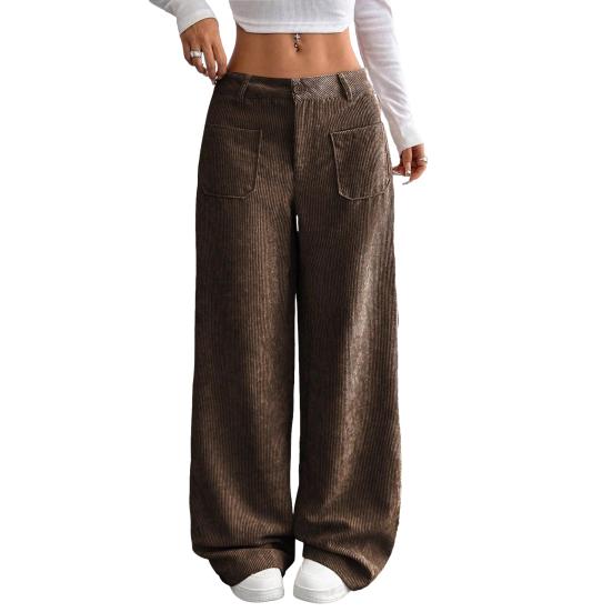 Damesbukser Lav midje Glidelås Knappgylf Rette Vide ben Lange Bukser med Lommer Ensfarget Ribbestrikket Fritidsbukser