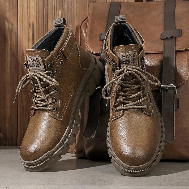 Fashion Casual Leather Winter Ankle Boots Comfortable Men Motorcycle Boots Outdoor Warm with Fur Botas Classic High Top Man Casual Shoes