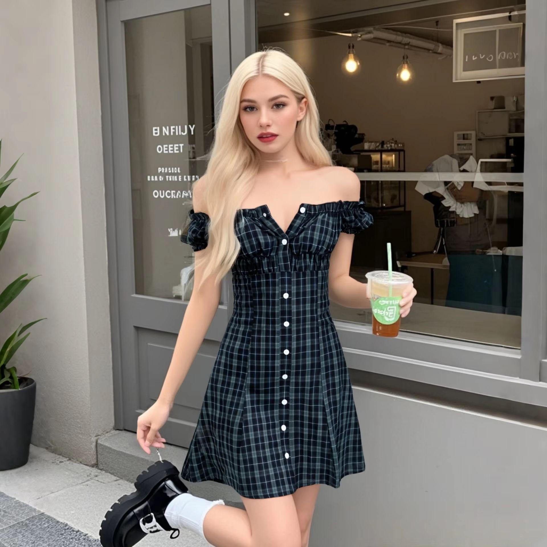 

2025 Spring/Summer Women s Plaid Off-Shoulder Ruched Short Dress Large