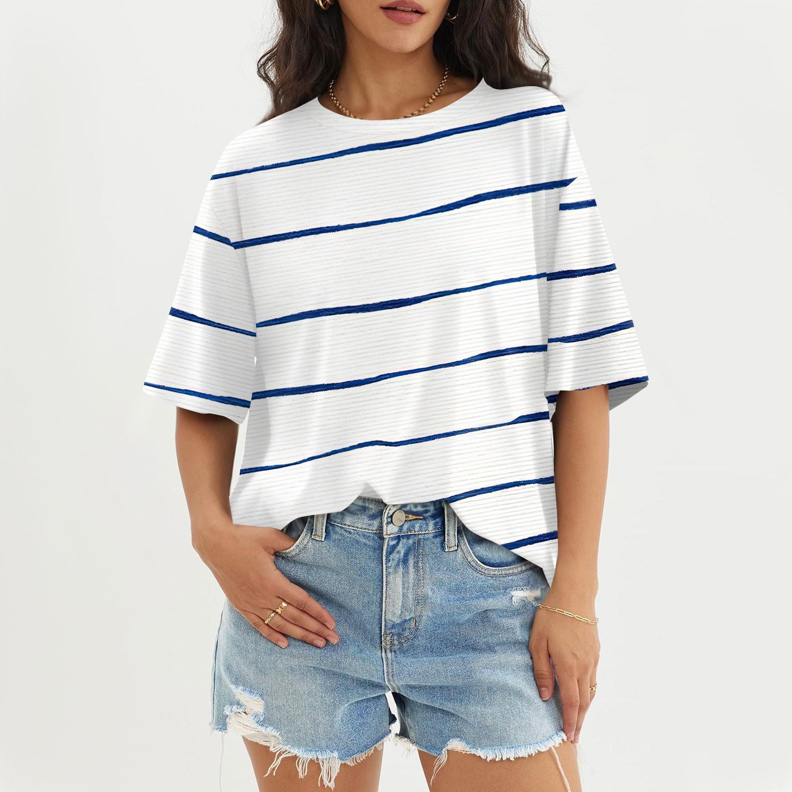 

Summer Women Striped Tops Short Sleeve Blouse 2024 Casual Printed T-shirts Round Neck Tunic Loose Women Shirts Top S-2XL XS