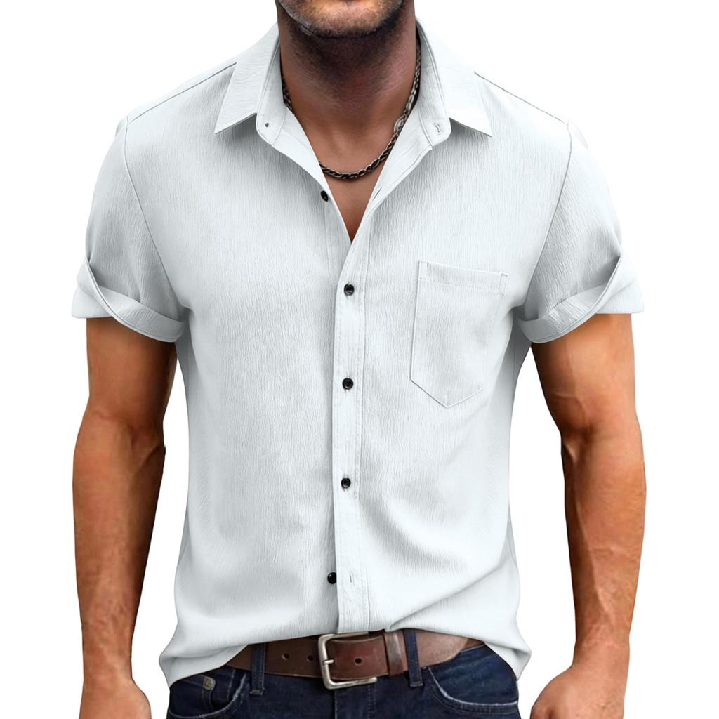 Herren Casual Einfarbige Baumwolle Leinen Kurzarm Hemd Button-Down Kragen Leicht Atmungsaktiv Urlaubs Sport Hemd für Herren