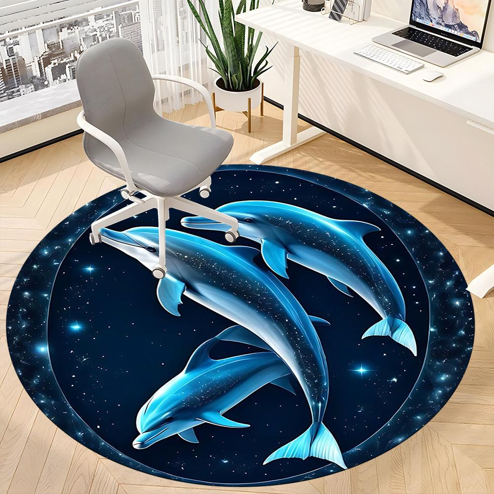 1PC Dolphin Universe Office Round Area Rug, Indoor Mat Suitable ForOffice, Under Office Chairs Bedroom Living Room Home Decor, Room Deco f050