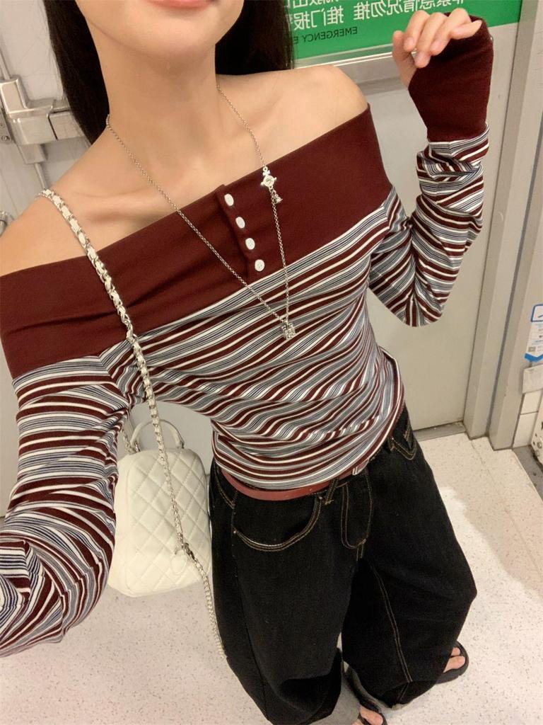 Retro Striped One-Shoulder Patchwork Slim Fit Long Sleeve Women's Top for Autumn 2025