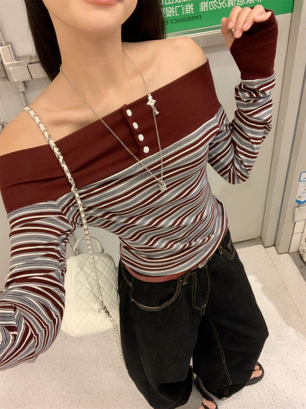 Retro Striped One-Shoulder Patchwork Slim Fit Long Sleeve Women s Top for Autumn 2025 L