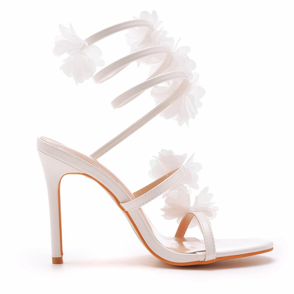 Fish Mouth Strap High Heels Sandalias De Mujer White Flower Banquet Wedding Dress Dress Shoes Designer Slides Zapatos De Mujer