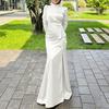 ZANZEA Women Elegant Stand Collar Casual Long Sleeve Satin Long Dress