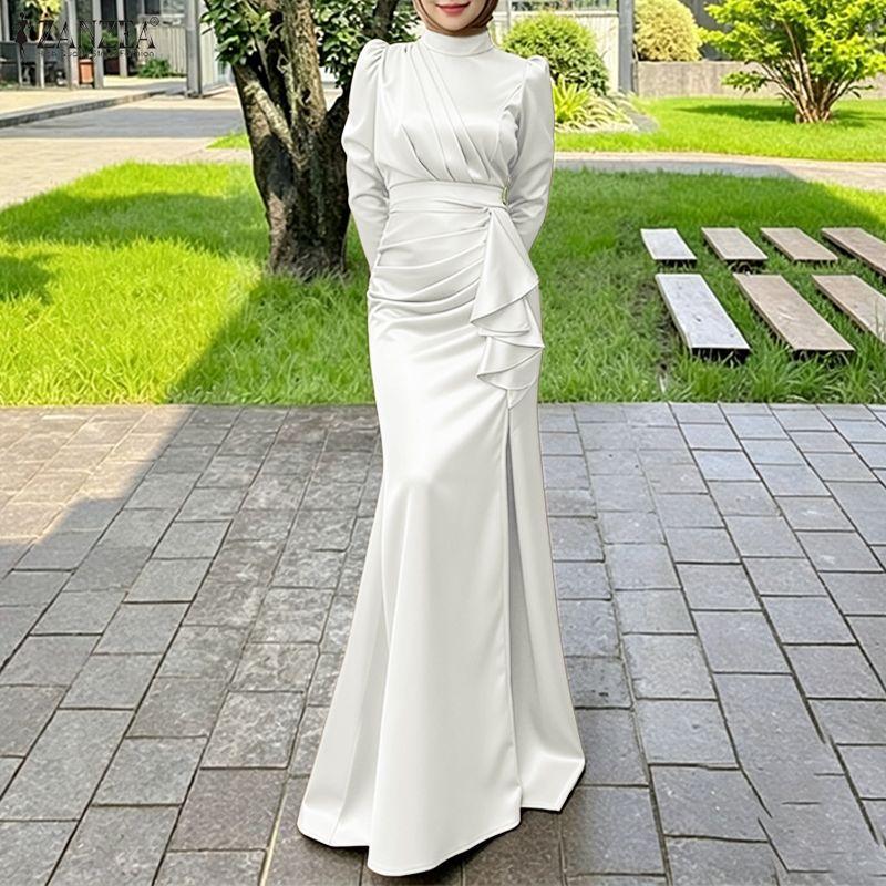 ZANZEA Women Elegant Stand Collar Casual Long Sleeve Satin Long Dress