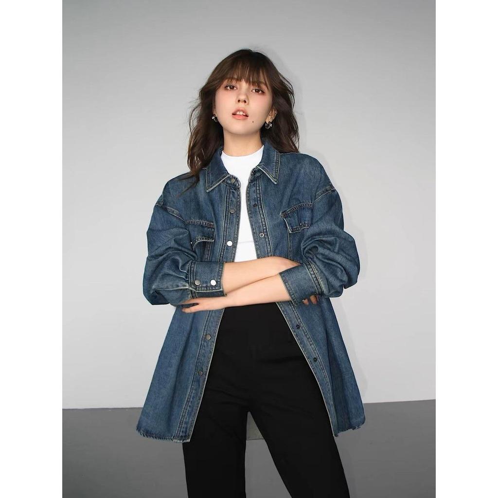 Unisex Vintage American Retro Blue Denim Shirt Jacket 2025 - Long Sleeve, Suitable for Spring, Autumn, and Winter