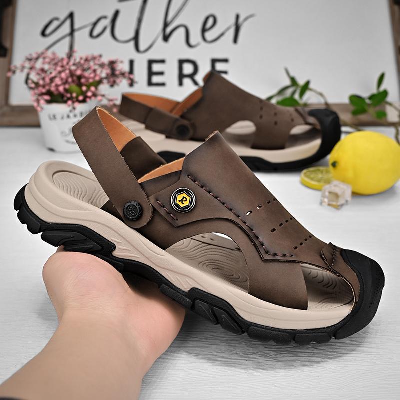 Fashion Casual Leather Sandals for Men Summer Beach Water Hiking Shoes Men Outwear Driving Sandals Stylish Trendy Soft Sole Man Slippers
