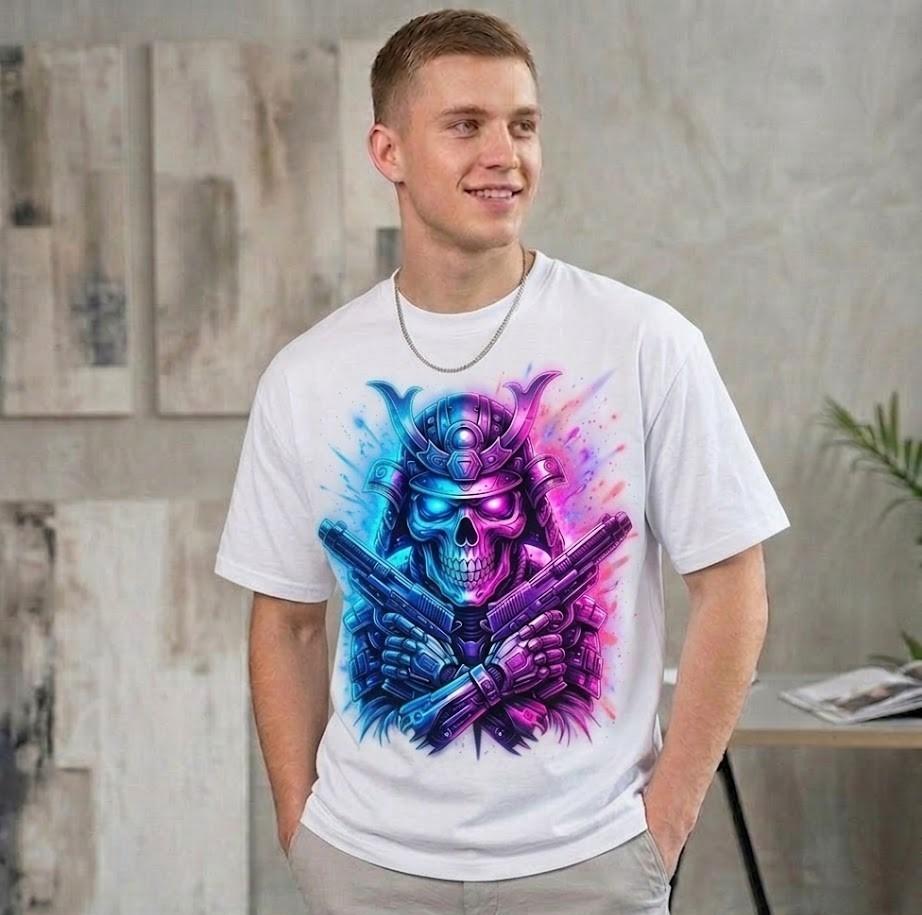 Neon Samurai Skull Graphic T-Shirt Cyberpunk Streetwear Unisex Tee 100% Cotton S