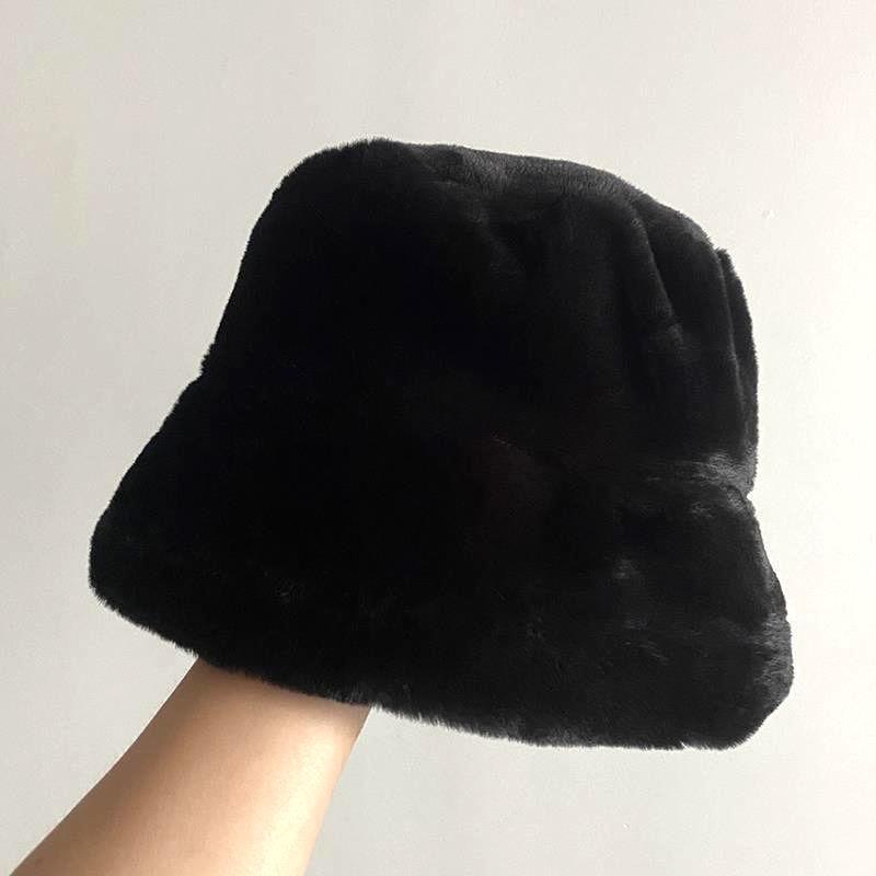 

Толстые плюшевые береты из искусственного кроличьего меха, рыбацкая шапка, женская осенне-зимняя теплая утолщенная панама, плюшевая шапка-ведро, шапочки One Size чёрный