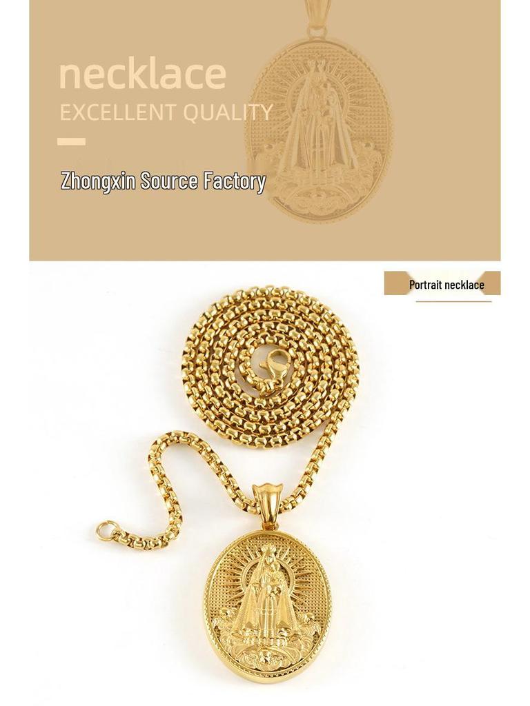 European-American 18k Titanium Steel Round Pendant Necklace with 3D Relief Pattern