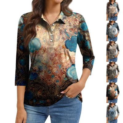 Women's Fashion Casual Lapel Short 3/4 Sleeve Print Shirt Women's Button Up Tops