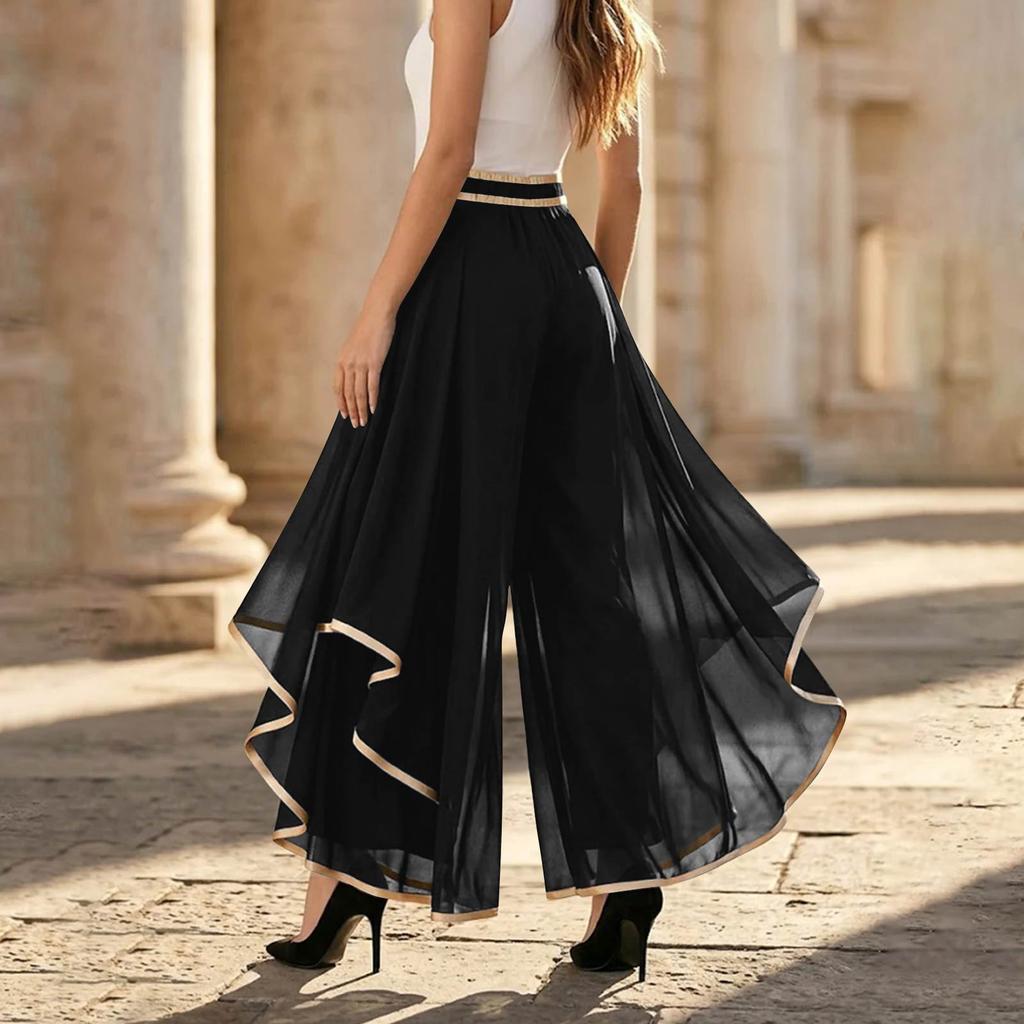 High Waist Wide Leg Pants Layered Chiffon Trousers with Contrast Trim and Casual Loose Fit for Women